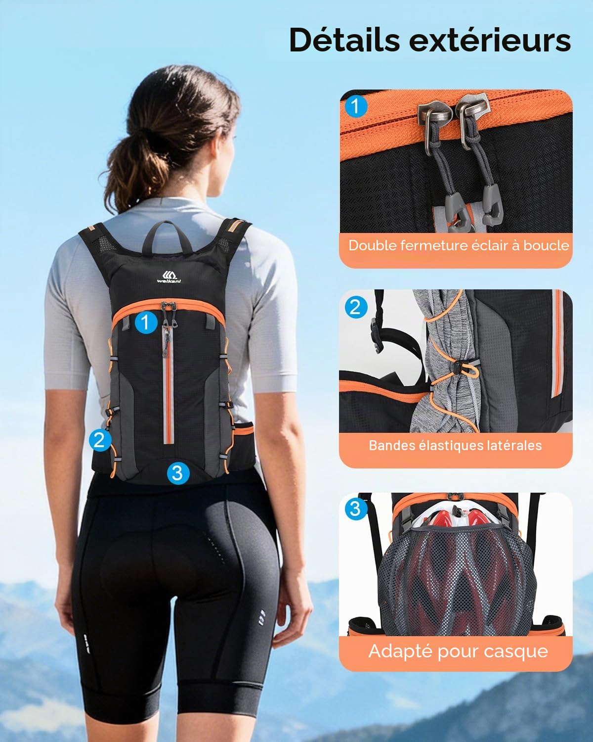 Sac à Dos Vélo Pliable Ultraléger, 6L Petit Sac VTT Homme Femme avec Filet à Casque, Mini Sac randonnée pour Sport Ski Cyclisme Camping, Orange