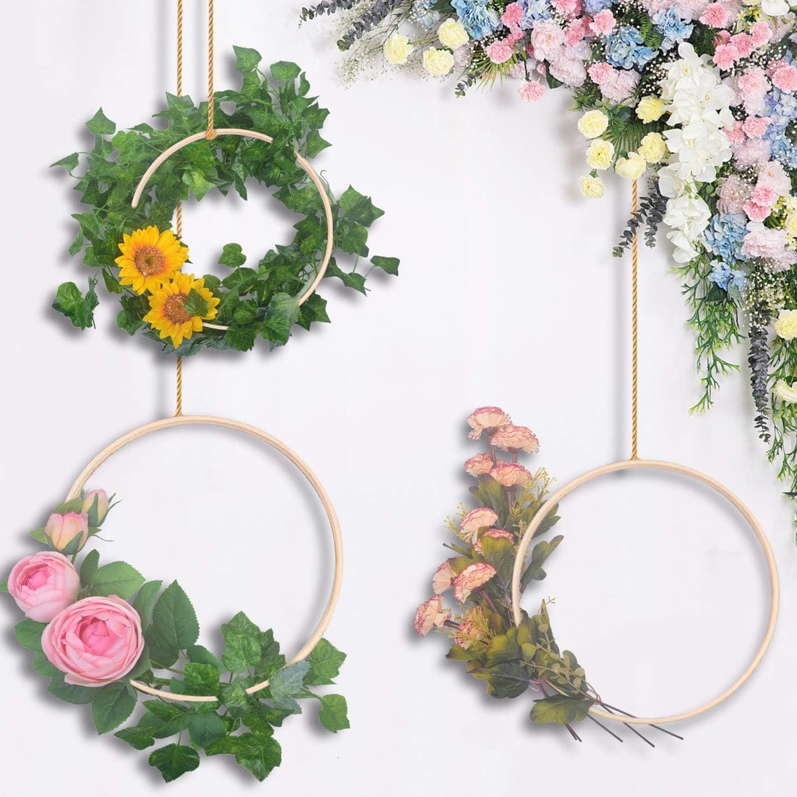 Cerceau Floral En Bambou,Bambou Cerceau Bois,Anneau Dream Catcher En Bois,12PC (10/15/20cm) Macrame Cerceau,Cerceaux En Bois,Anneaux En Bambou, Pour DIY Attraperêves,Couronne De Mariage Et Décoration