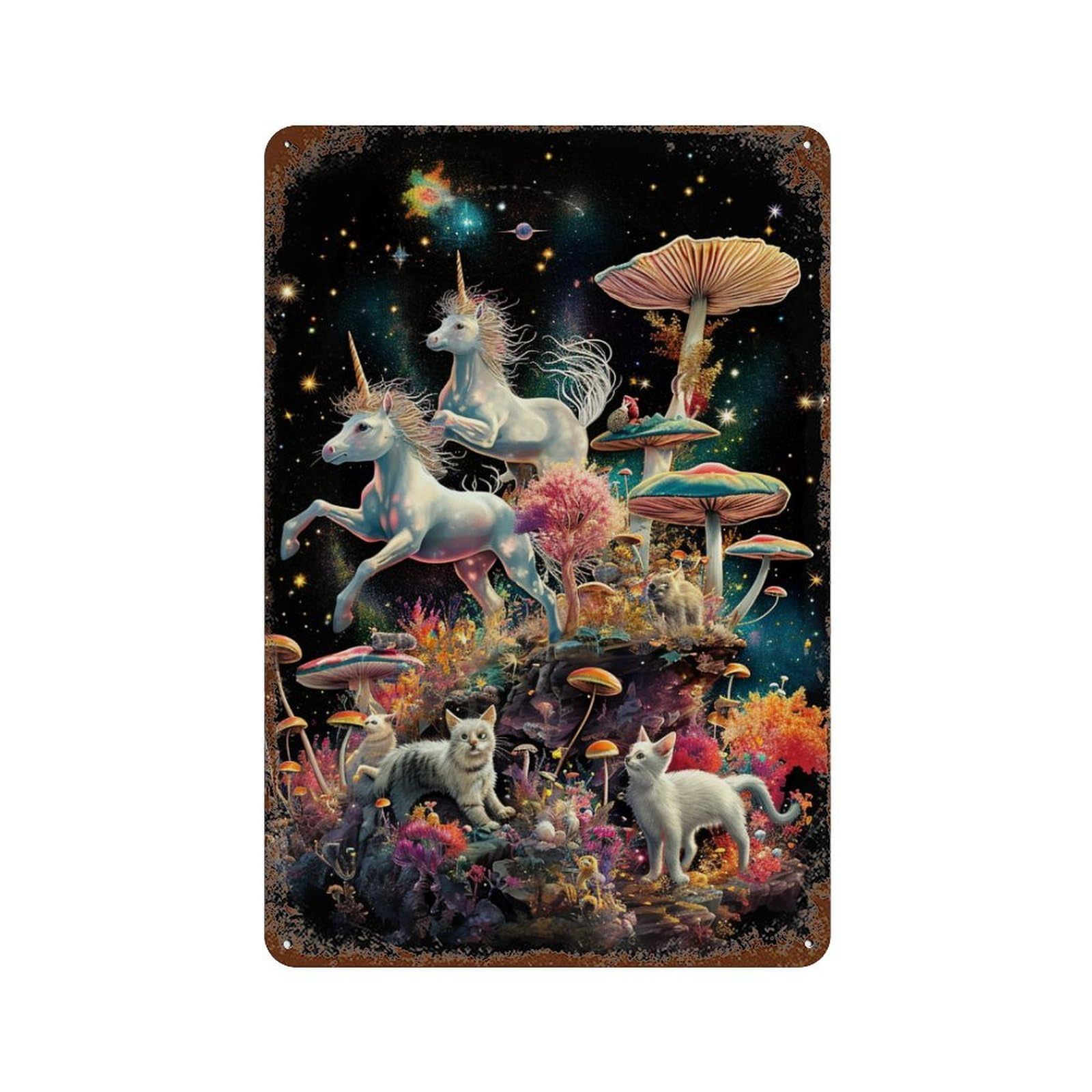 Vintage Rust Metal Sign Fantasy Mushroom Forest with Unicorns 11.8"x7.9", Novelty Wall Decor for Office, Studio And Wall Decor