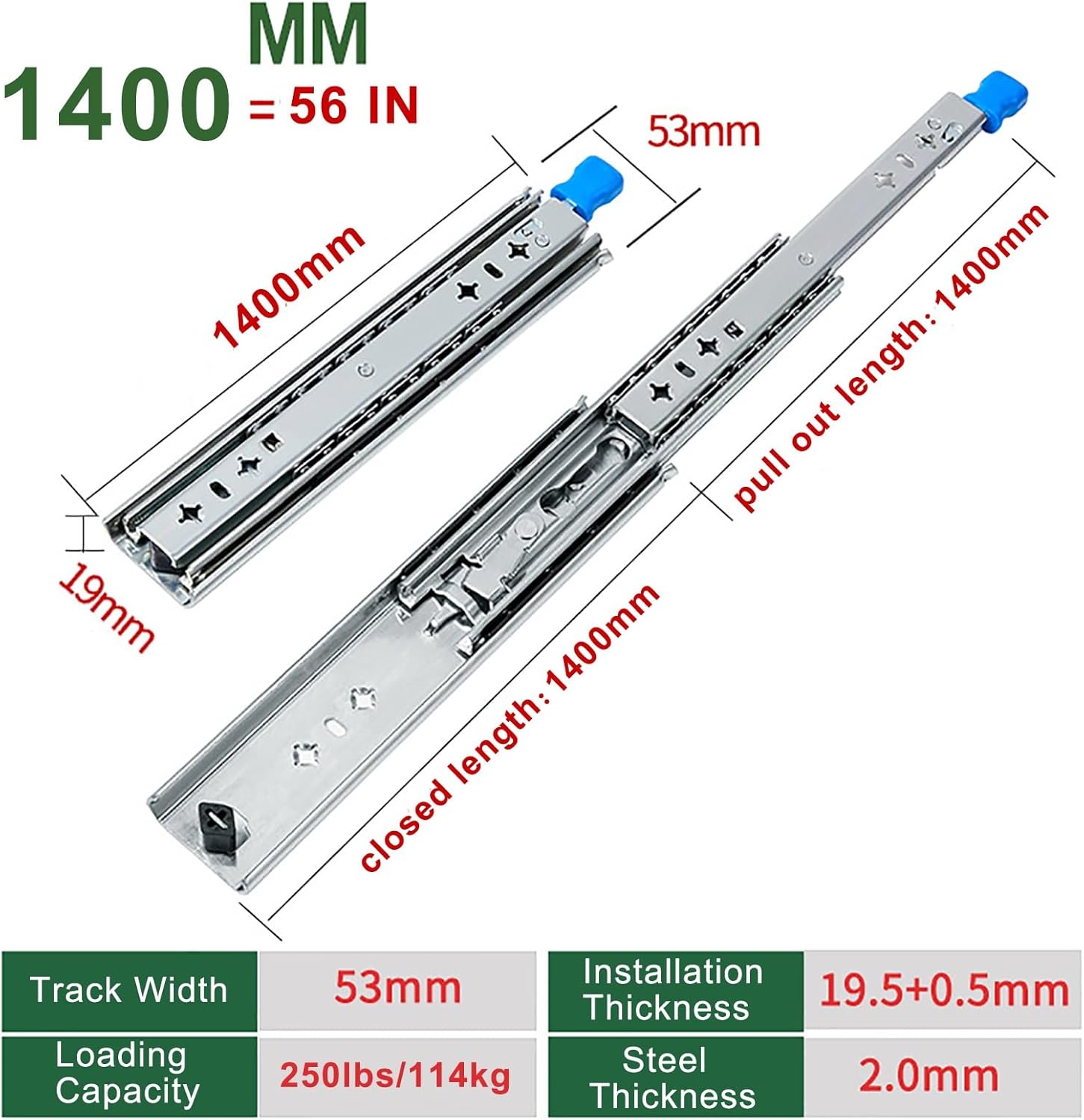 Heavy Duty Drawer Slides - 1 Pair Locking Full Extension Ball Bearing Runners, 120kg Capacity, Side Mount 1400mm (56in) - Smooth, Durable & Reliable Storage Solution