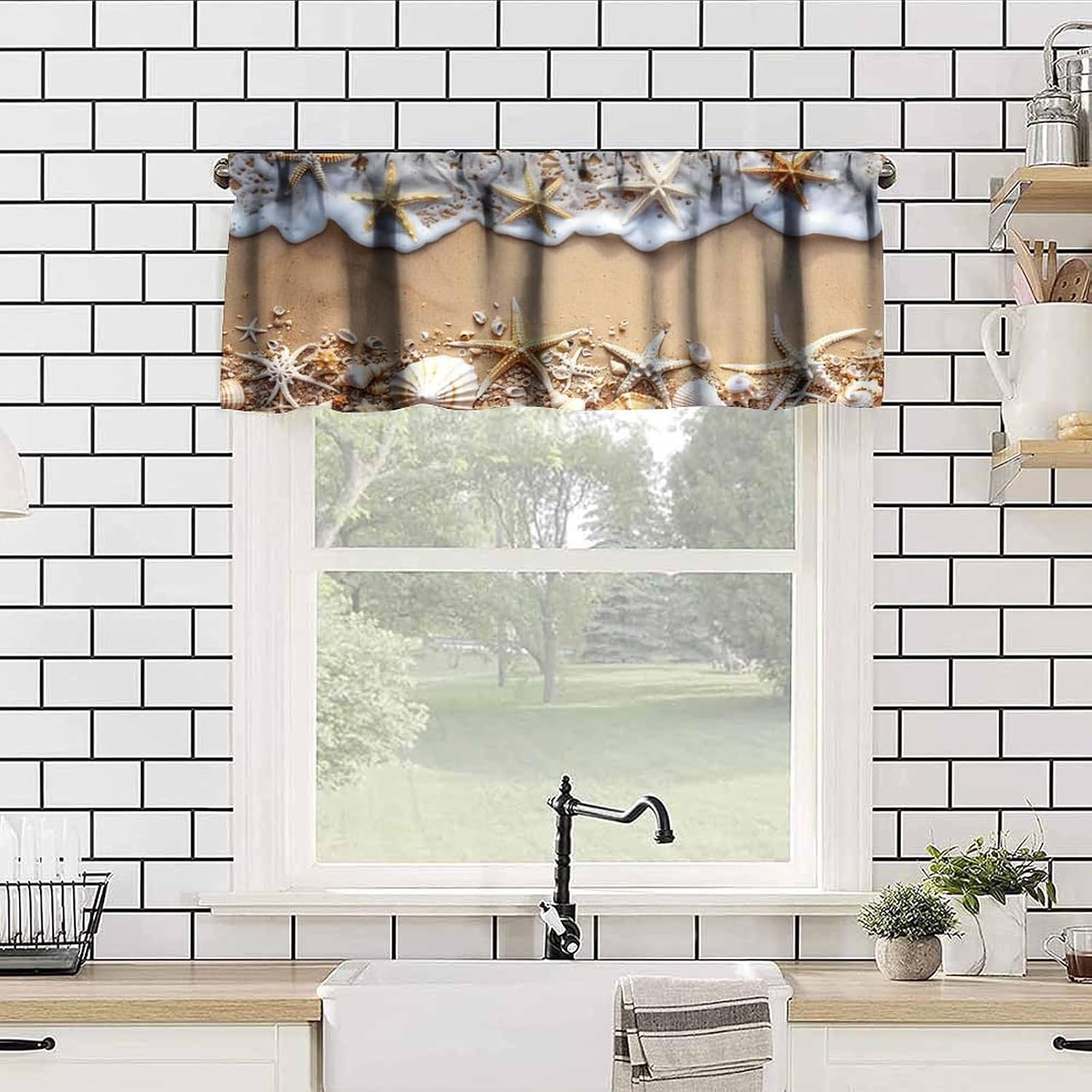 Coastal Beach Window Valance Curtain Ocean Wave Sand Starfish Seashell Print Summer Rod Pocket Short Curtain Valance Kitchen Bedroom Decor with Rod Pocket 54x18inch
