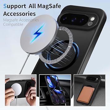 Magnetic Case for Google Pixel 9 Pro XL Compatible with MagSafe Translucent Matte Anti-Fingerprint Scratch-Resistant PC Back + TPU Bumper Shockproof Mobile Phone Case Black