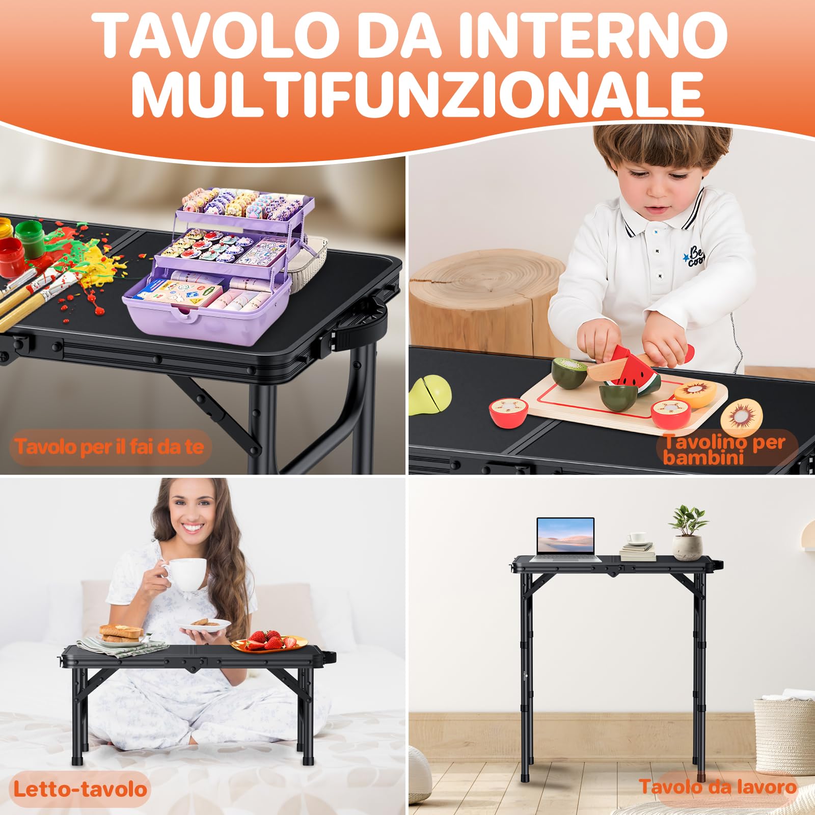 Tavolo Da Campeggio Pieghevole FUNYKICH 58x40 Cm – Alluminio, 3 Altezze (26/48/70 Cm) E Maniglia, Nero