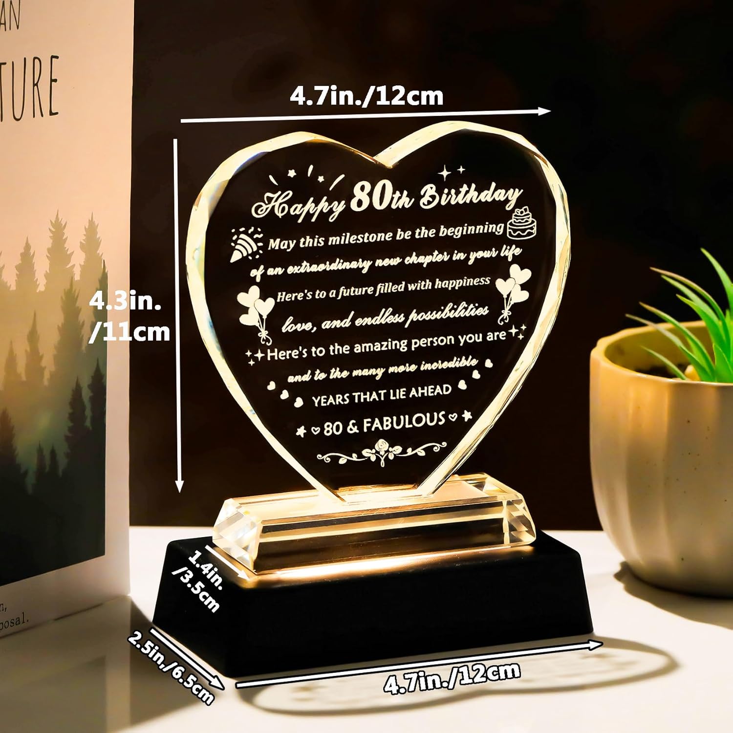 YWHL 80th Birthday Gifts for Women Men with Colorful Light Base, Laser Crystal Heart Happy 80th Birthday Decoration Plaque, Gifts Ideas for 80 Year Old Women Men Mom Dad Grandma Wife Friends - Image 5