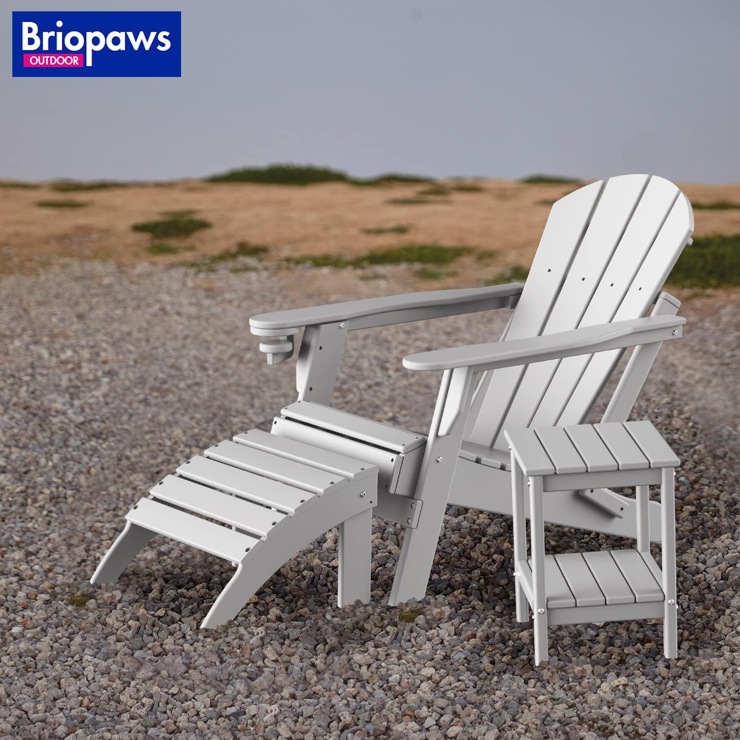 Briopaws Folding Adirondack Ottoman, HDPE Weather Resistant Adirondack Chair Footrest, Plastic Footstool for Patio Backyard Outdoor Poolside Porch Deck Lawn Indoor, White, 19.7W x 18.5L x 13H Inch
