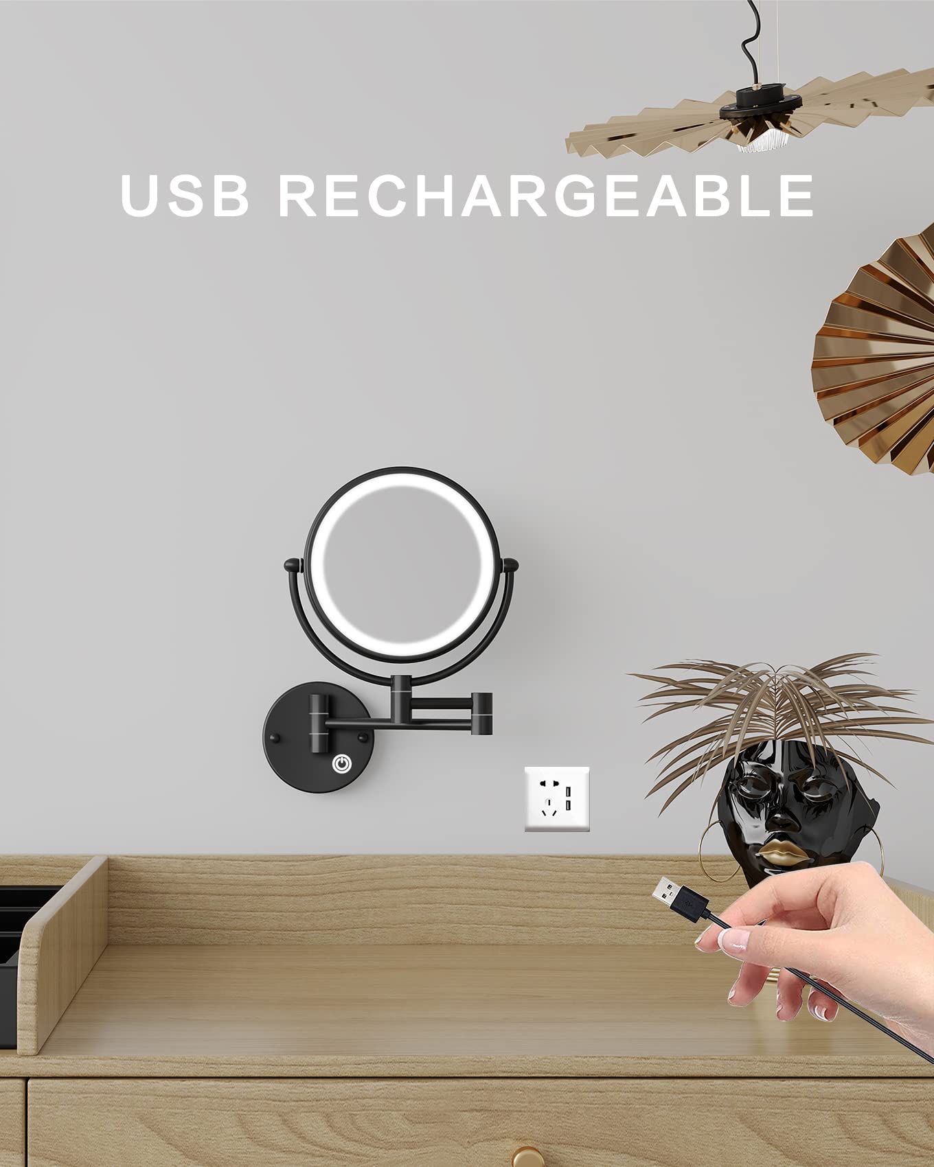 Fixsen 8'' LED Rechargeable Wall Mount Touch Control Makeup Mirror Two-Sided Magnifying Vanity 12 Inch Extension Matte Black 1X/10X Magnification Plug 360 Degree Rotation Shaving Mirror