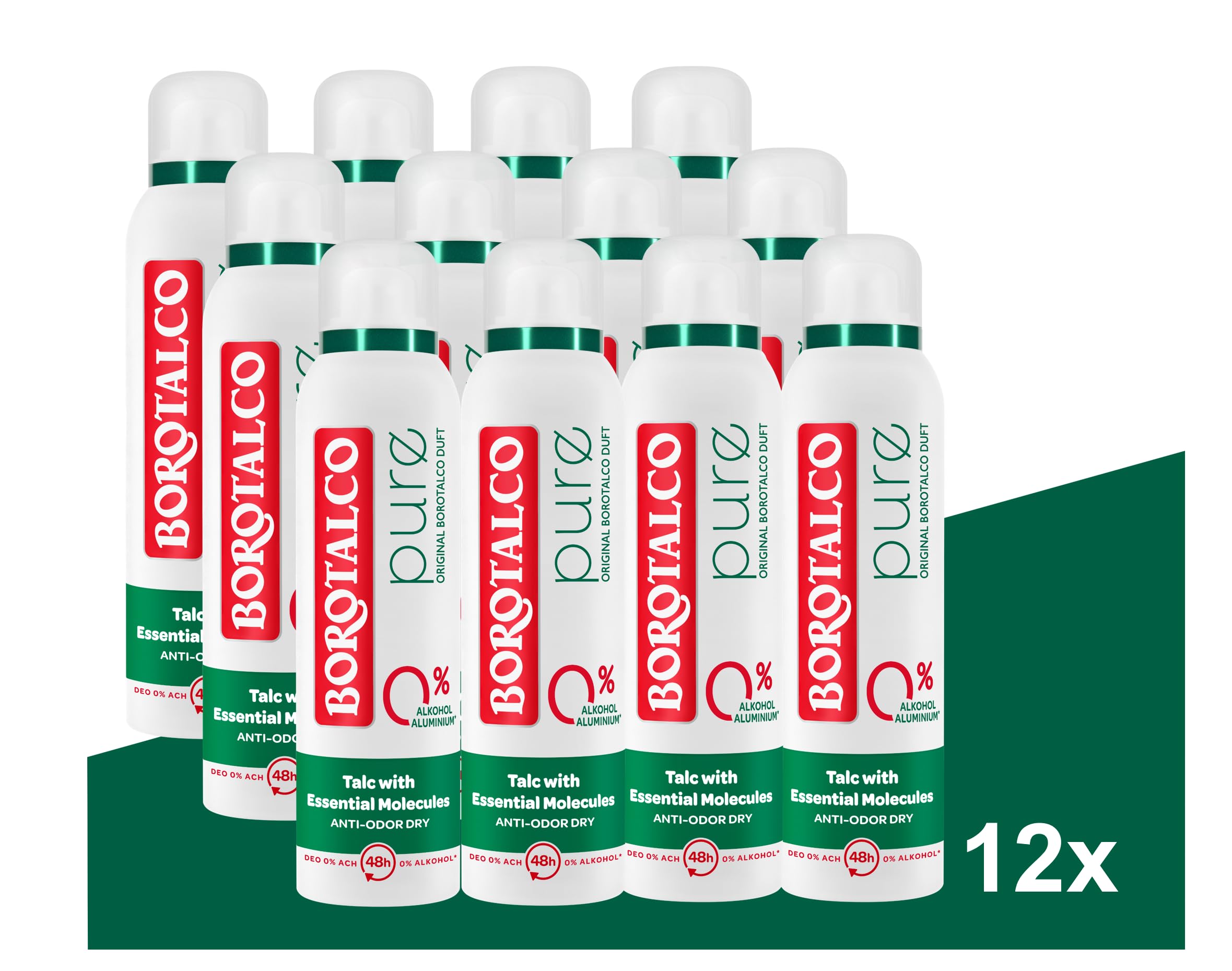 Borotalco Deo Pure Original 12x150ml - Deospray – 48 Stunden Wirksamkeit – Talc with Essential Molecules- Formel gegen Schweiß und Gerüche - 0% Aluminiumsalze (ACH) - Herren & Damen
