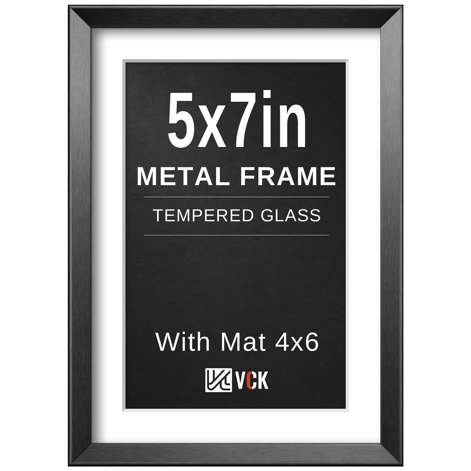VCK 5x7 Metal Black Picture Frames with Mat for 4x6 Photo or 5x7 without Mat, Aluminum Photo Frame with Tempered Real Glass, Tabletop or Wall Hanging