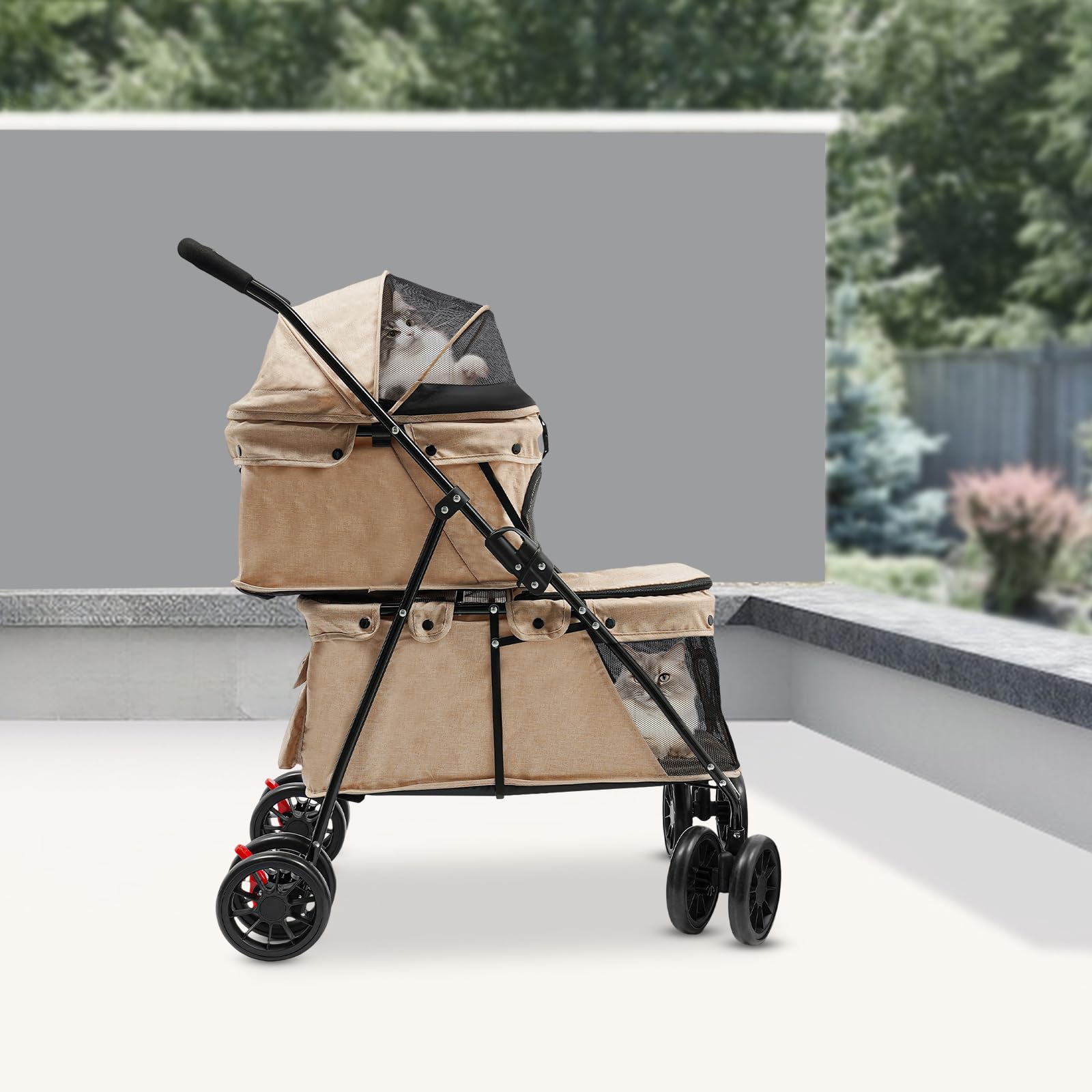 2-Lagiger Haustierwagen für Hunde & Katzen, Faltbarer Doppeldeck-Tierwagen mit Netzfenster, Bremse & Aufbewahrungstasche, Stabiler Carbonstahlrahmen, bis 40kg belastbar 95 * 60cm (Khaki)
