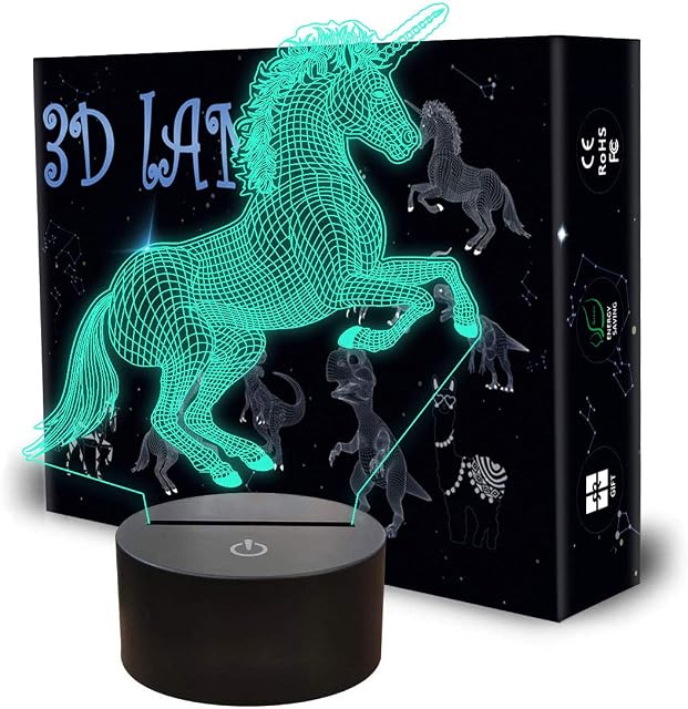 Unicorn 3D Illusion Lamp, LED Unicorn 3D Night Light 7 Colors Changing with Smart Touch & USB Cable Kids Bedside Table Lamp for Girls Christmas Birthday Gifts Home Decor Light by QpenguinBabies