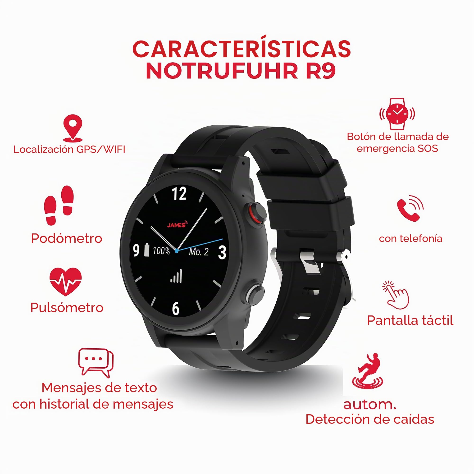 James R9 - Reloj de Emergencia y Seguridad para Personas Mayores, detección de caídas, botón de Llamada de Emergencia y Seguimiento GPS, podómetro, Monitor de frecuencia cardíaca, aplicación Familiar