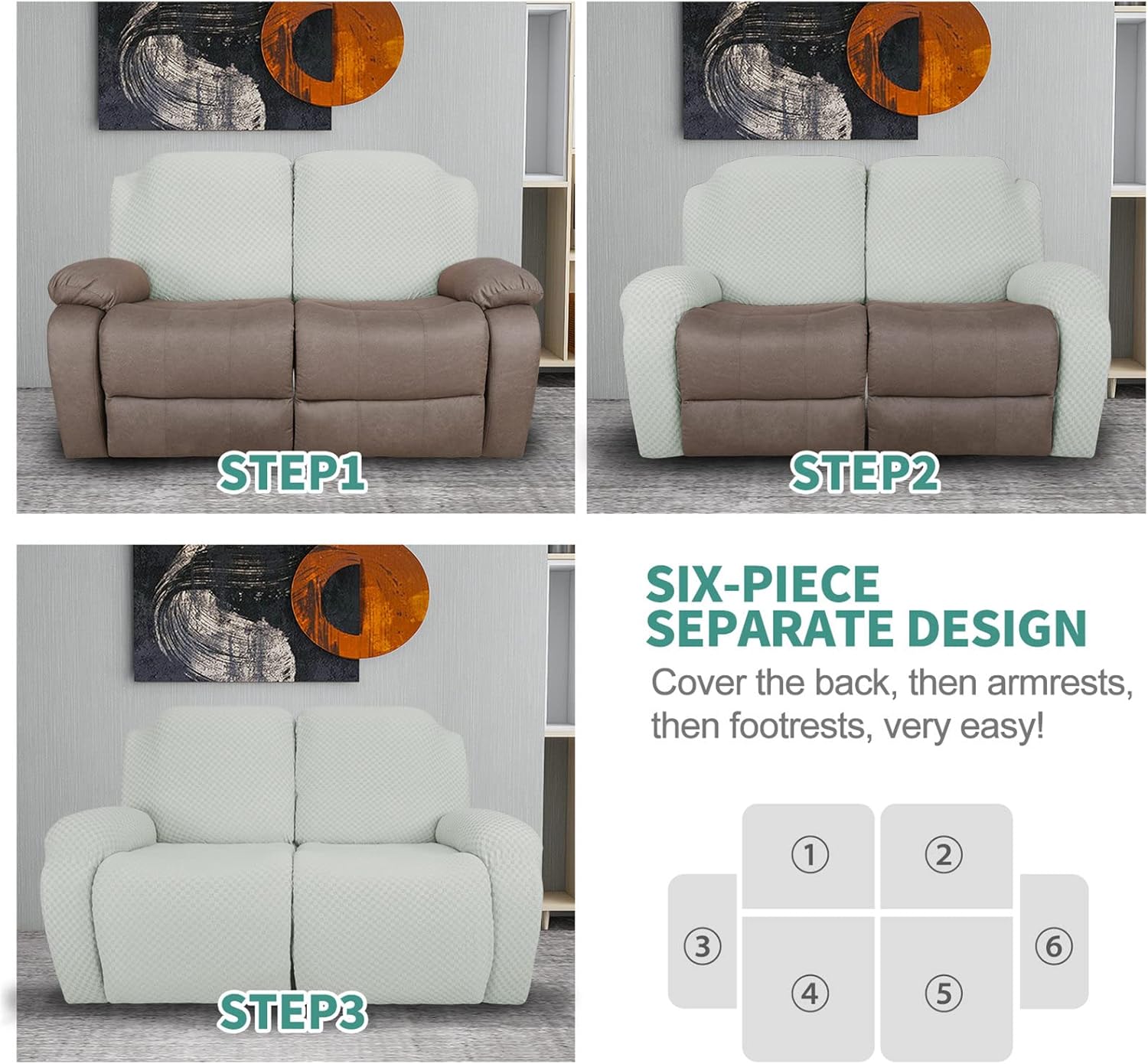 Stretch Recliner Covers 6-Pieces, Recliner Sofa Covers Loveseat Reclining Couch Slipcovers Furniture Protector (Ivory,2 Seater)