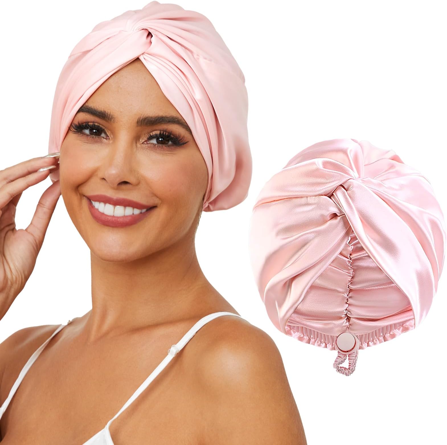 HFRHTGY Adjustable Silk Satin Hair Bonnet for Sleeping, Double Layer Hair Wrap Sleep Cap Turban for Women Men, Curly Straight Long Large Braid Unisex (Royal Pink)