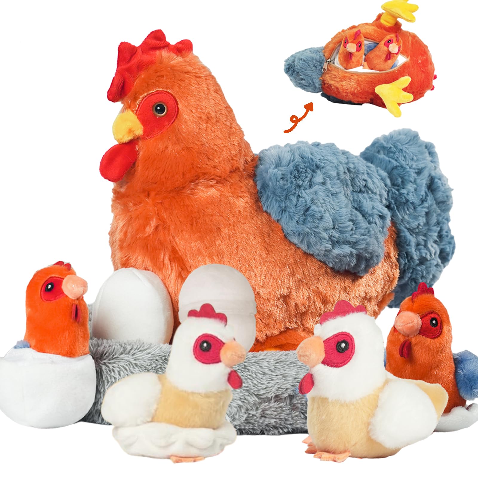 9 in 1 Chicken Stuffed Animal Set, Stuffed Chicken Plush Toy with Zippered Belly, Egg Laying Hen with Chicks and Eggs in Coop, Chickens Toys for Kids Christmas Birthday Easter Gift Farm Party