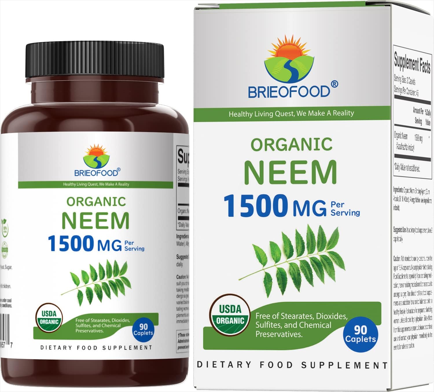 Organic Neem 1500mg, 45 Servings, Vegetarian, Gluten Free, 90 Vegetarian Tablets