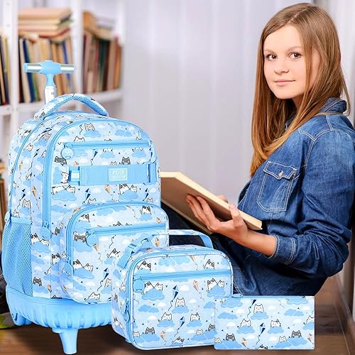 Miniatura 3 de UFNDC 3 mochilas con ruedas para niñas, mochilas de unicornio con ruedas para niñas, bolsa de viaje con ruedas, Mochila con ruedas Cloud Cat Blue,