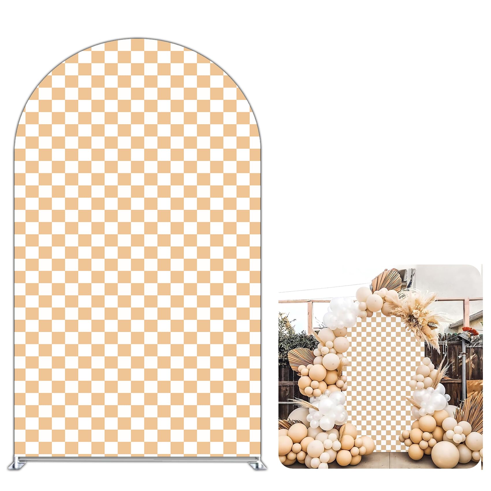 FiVan Gingham Checkered Pattern Arch Backdrop Cover Curved Top Arch Stand Stretchy Spandex Cover for Wedding Birthday Baby Shower Party Decoration (Brown&White,7.2X4FT)
