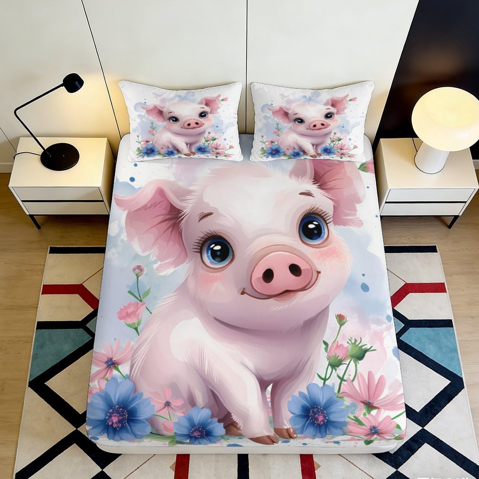 3D Printed Cute Piglet Fitted Sheet Microfiber Soft Breathable Floral Design Bed Cover for Bedroom Dormitory Guest Room Mattress Protection 160x200x25cm