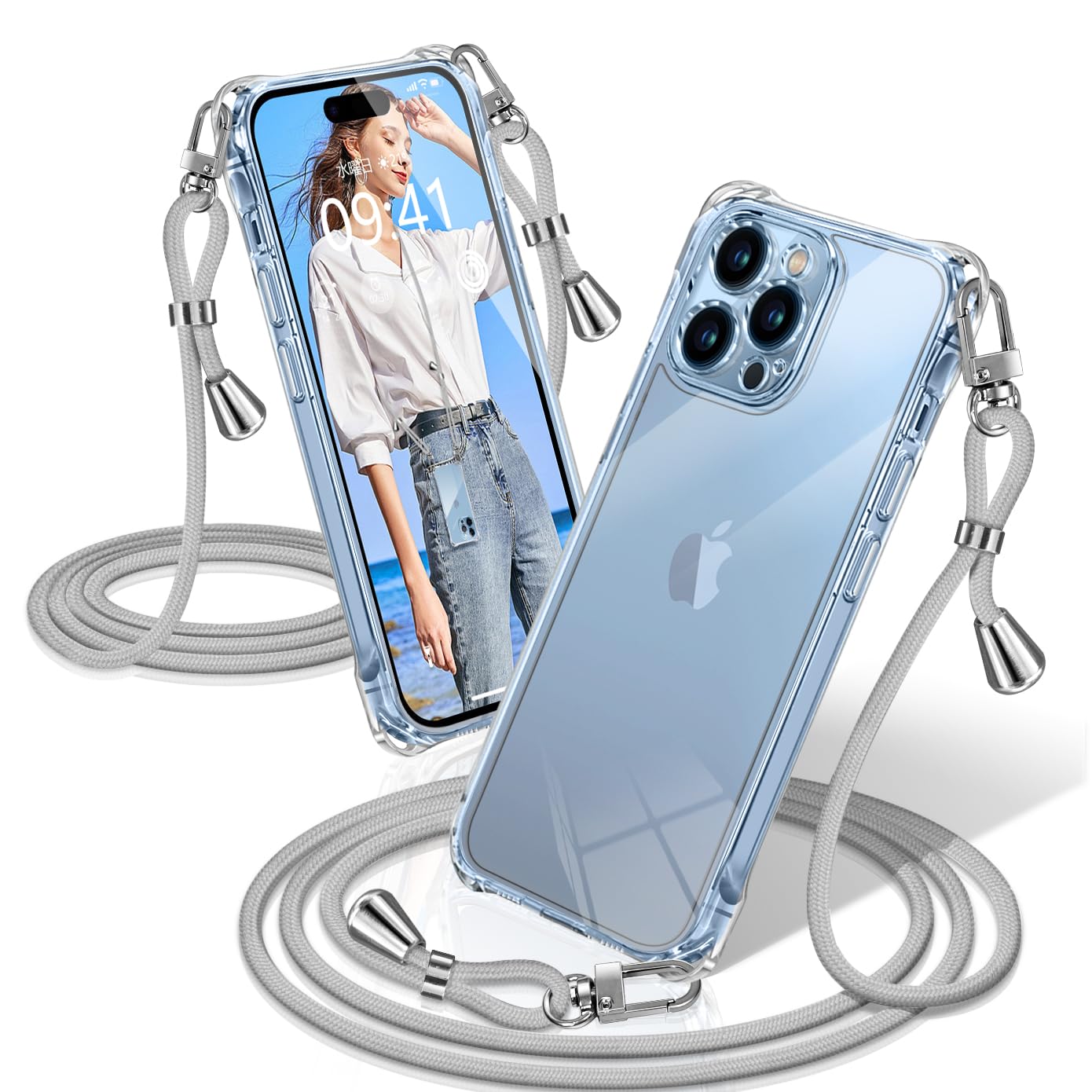 XIOYATY 用の iPhone 13 Pro Max ケース クリア ショルダー アイフォン13 Pro Max カバー 耐衝撃 スマホケース 透明 織りストラップ付き 肩がけ 首掛け 紐付き 縄掛け 斜めがけ クロスボディ 多目的キャリー ファッションデザイン TPUスマホ (グレー)