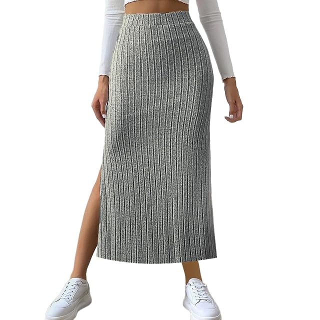 Womens Knitted Skirts Basic Fashion Elastic High Waisted Midi Long Bodycon Pencil Skirt Trendy Casual Spring Outfit