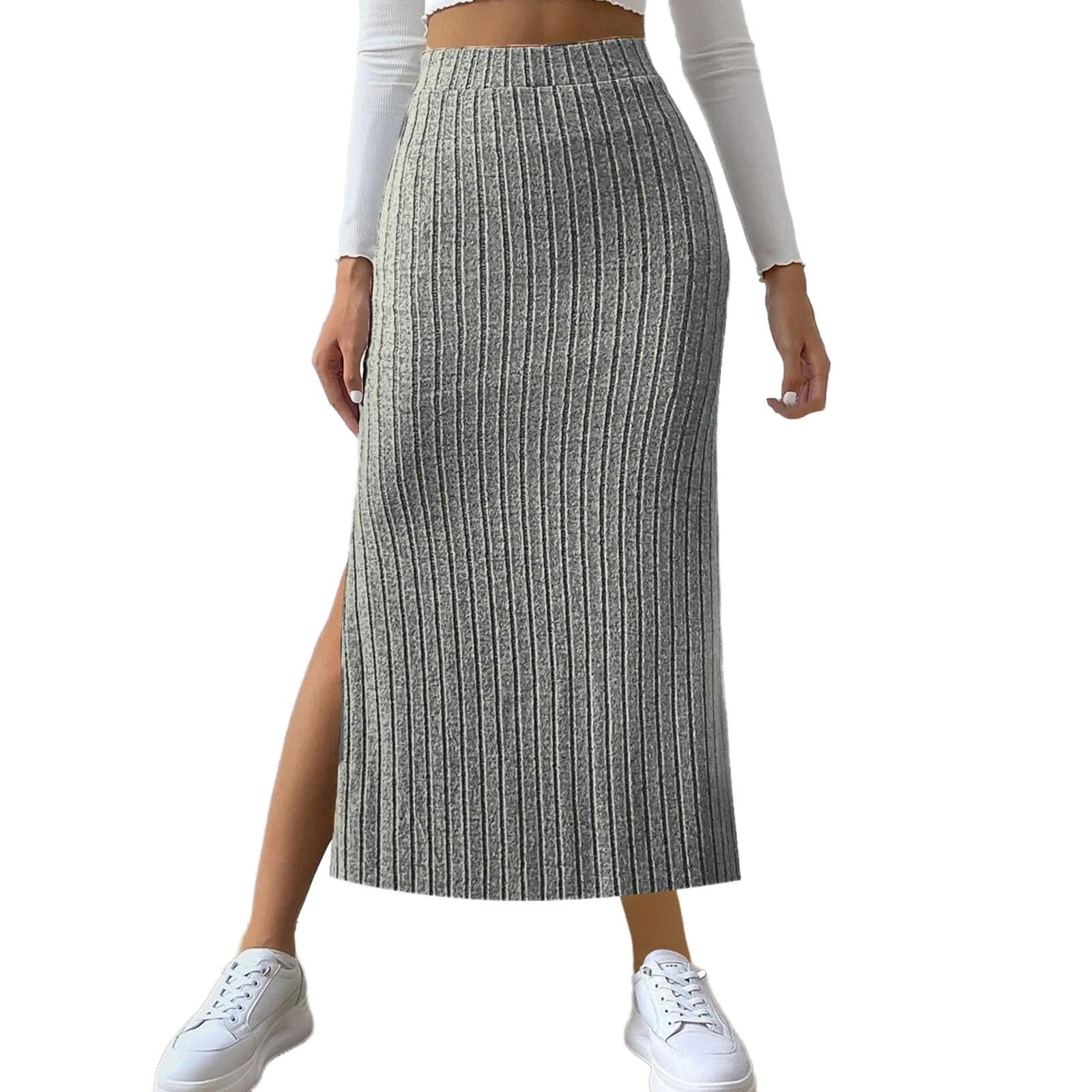 Womens Knitted Skirts Basic Fashion Elastic High Waisted Midi Long Bodycon Pencil Skirt Trendy Casual Spring Outfit