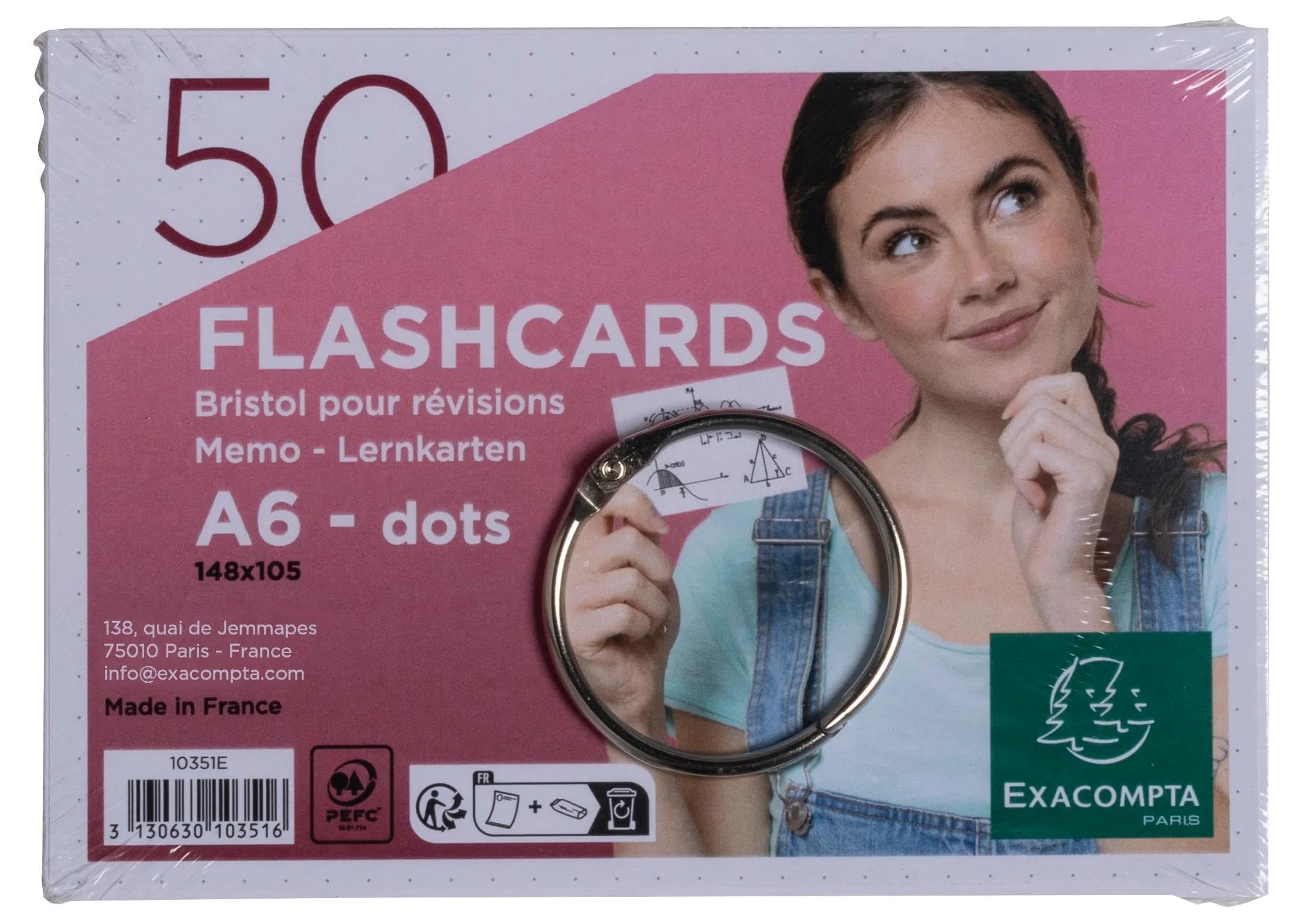 Exacompta - Ref 10351E - Box of 19 Packs of 50 flashcards in Film + Ring - Bristol dots Perforated - Revision Cards - 148 x 105 mm Format A6 - White