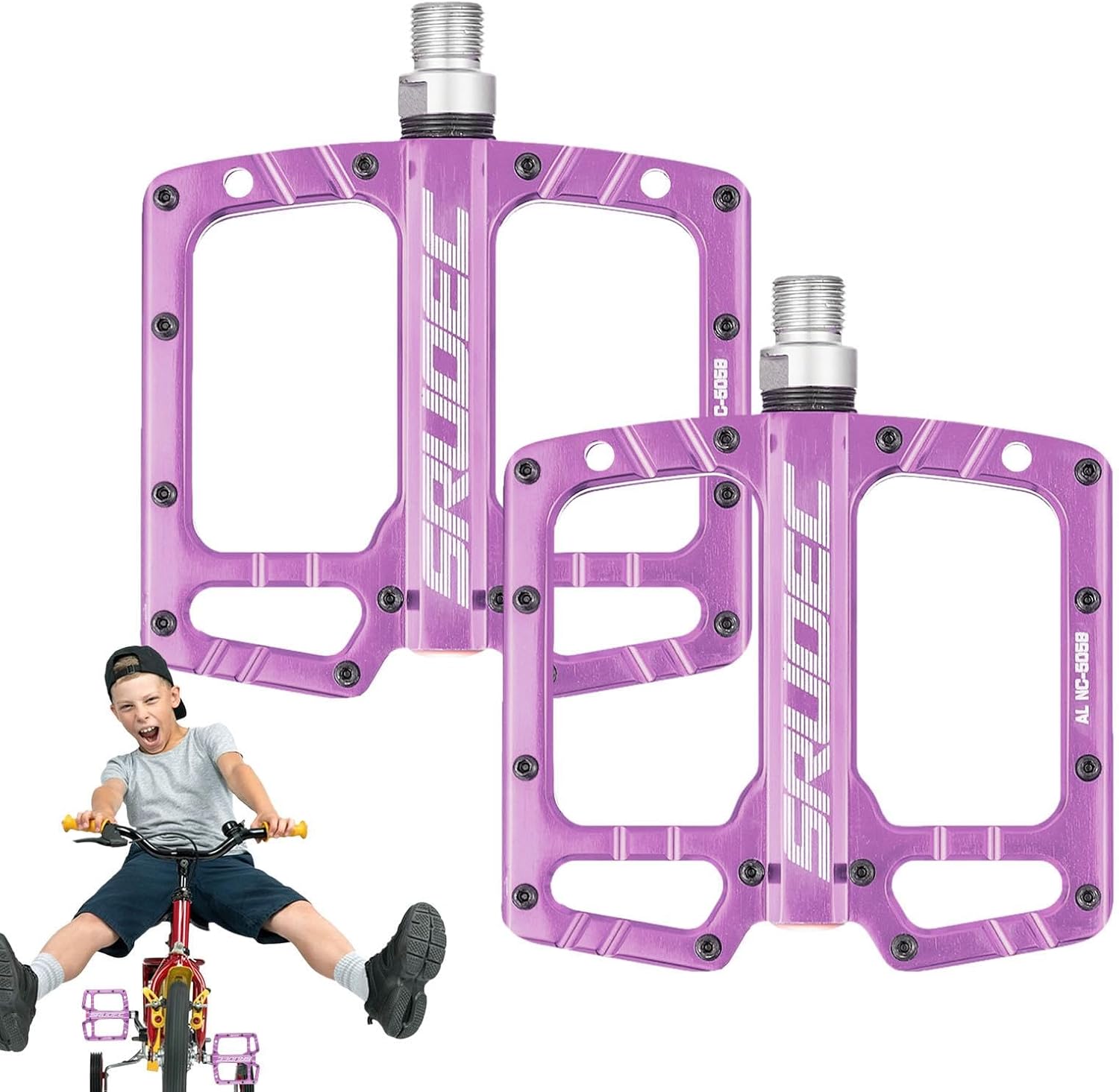 Non-Slip Bearing Pedals - Aluminium Flat Bearing Pedals | Lightweight Bearing Pedals with Three Sealed Bearings, Bicycle Pedals with Carved Hollow Design
