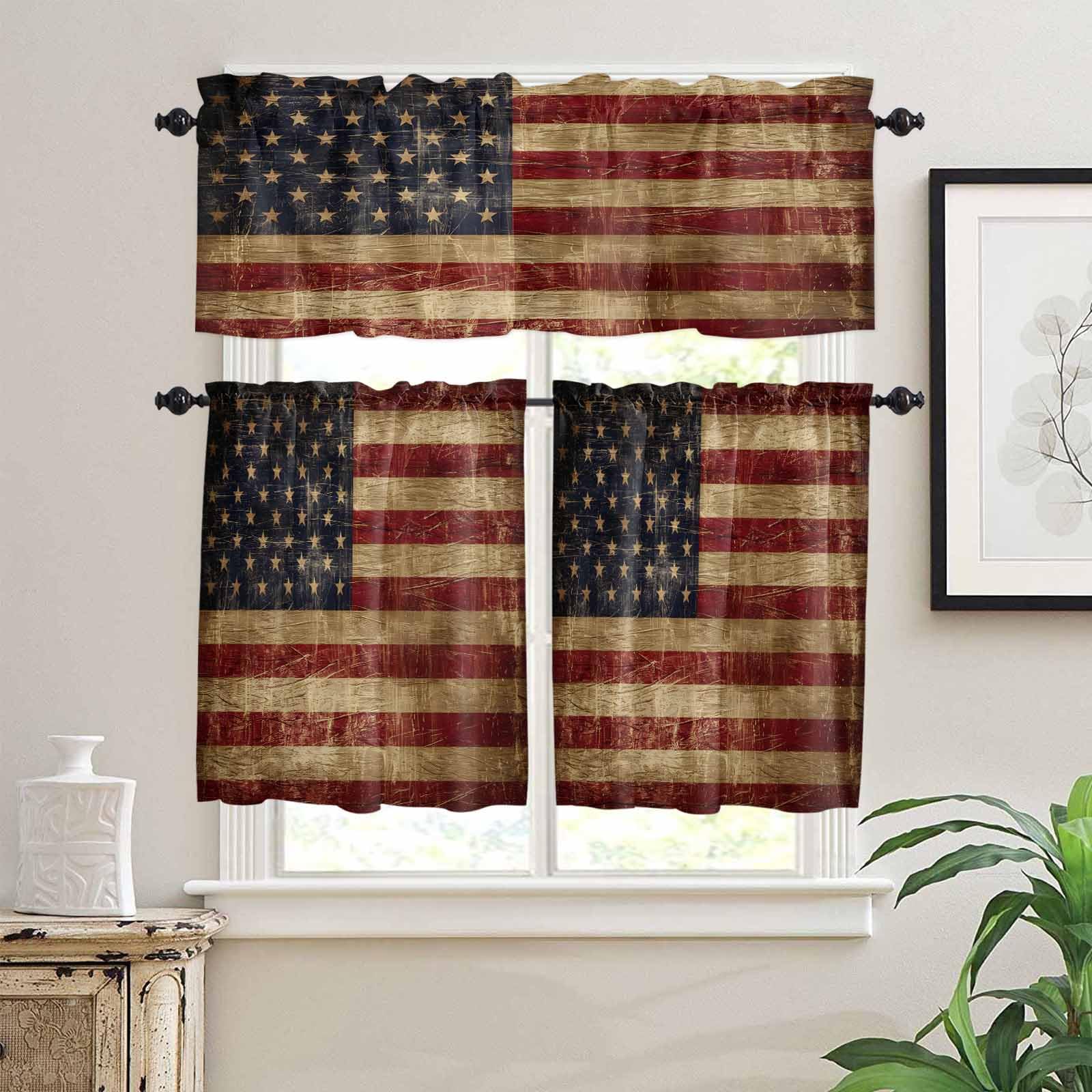 Vintage American Flag Kitchen Curtains 24 Inch Length,3 Piece Rod Pocket Small Half Tiers and Valance Set,Farmhouse Shabby Retro Red Blue Small Large Window Treatment Decor for Bedroom/Bathroom Sink