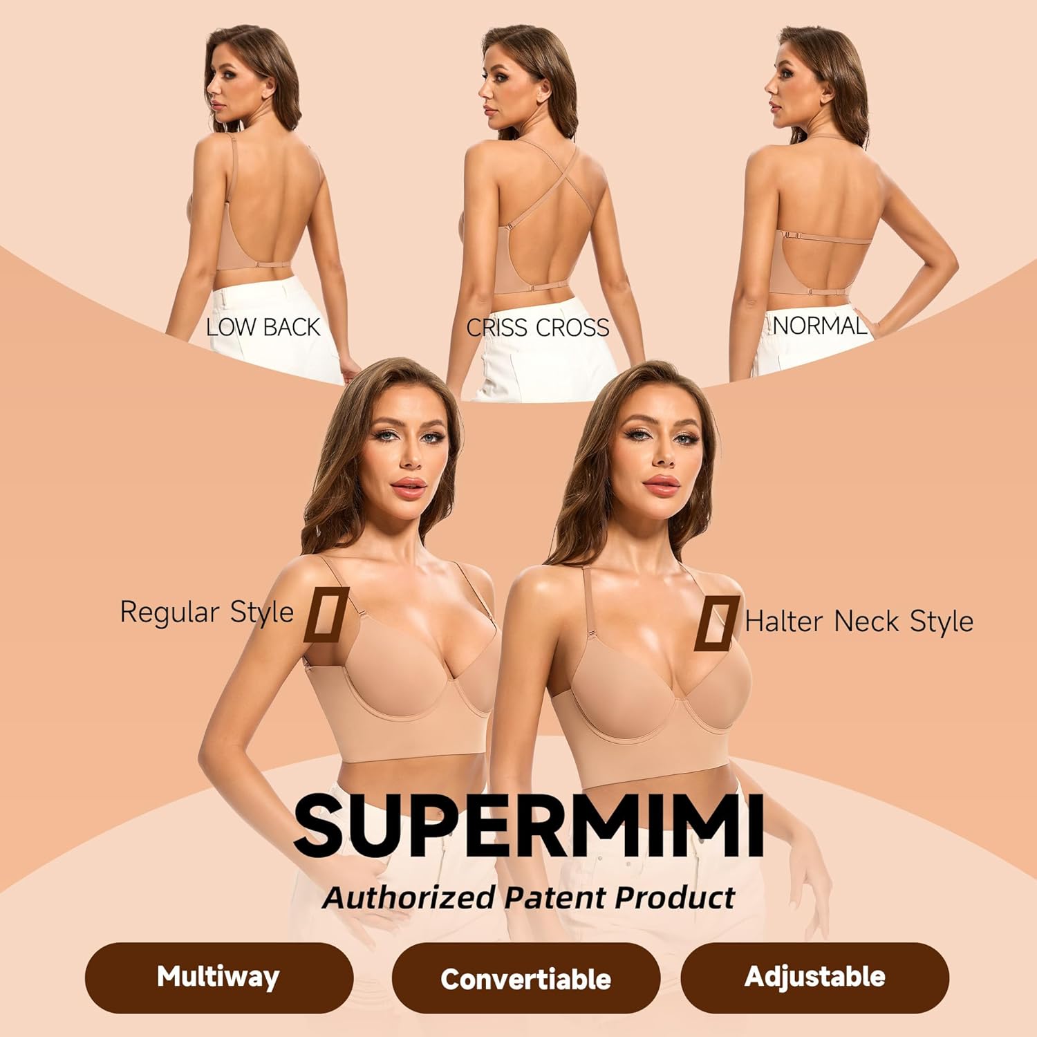 Low Back Bra for Women-Invisiable Backless Bras-Lightly Lined No Show Open Back Low Cut Bra Multiway Halter Bras - Image 4