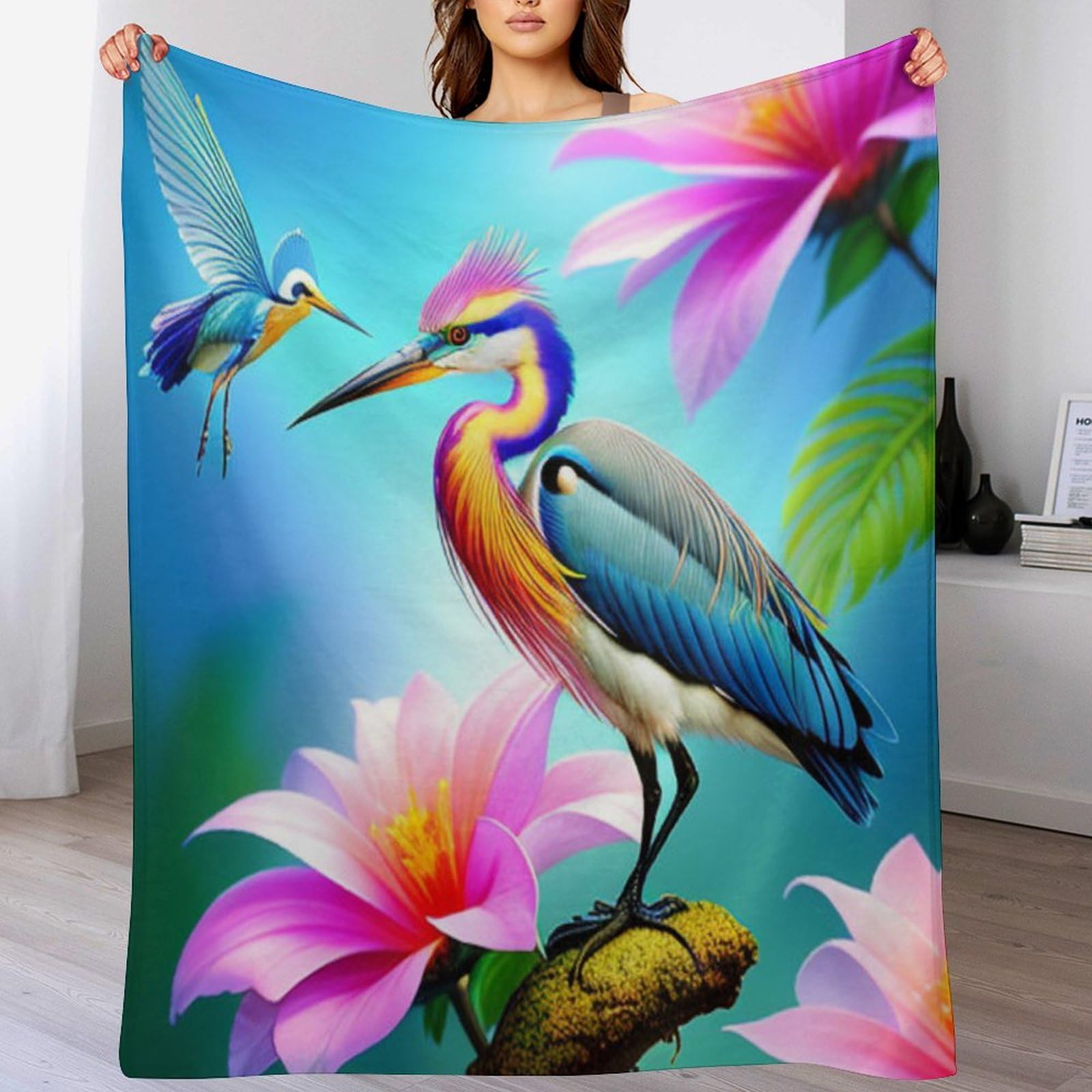 Couverture luxe motif oiseau mignon en flanelle douce pour linge de lit chic