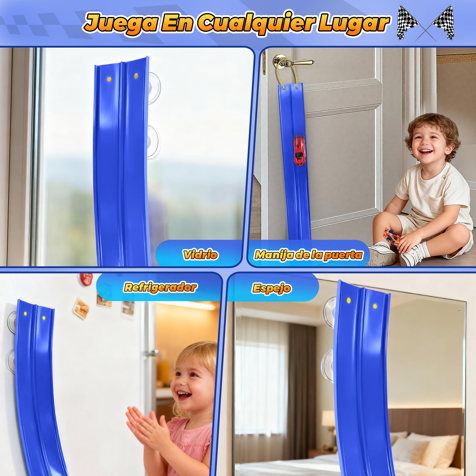 Pista Coches Flexible, 5M Circuito Coches Flexible Portátil con 6 Coches de Juguete 1 Bolsa de Almacenamiento 2 Rampas 4 Ventosas Flexible Car Track para Niños 4 5 6 7 Años (Azul)