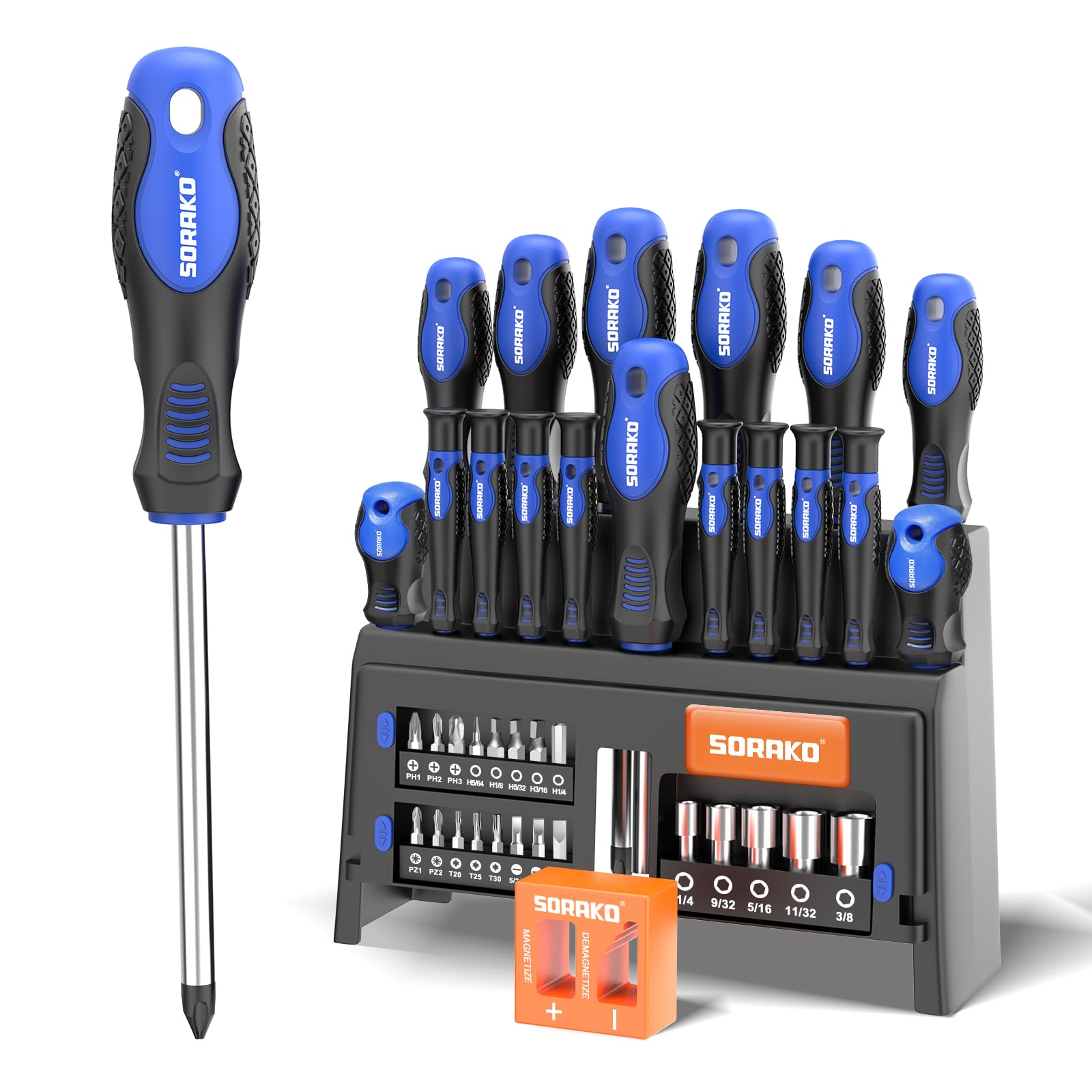 SORAKO 40 Pcs Screwdriver Set,Heavy Duty Chrome Vanadium Steel Made,Magnetic Screwdriver with Flathead and Phillips Heads and Storage Racks for Home,Office, and Farm Maintenance