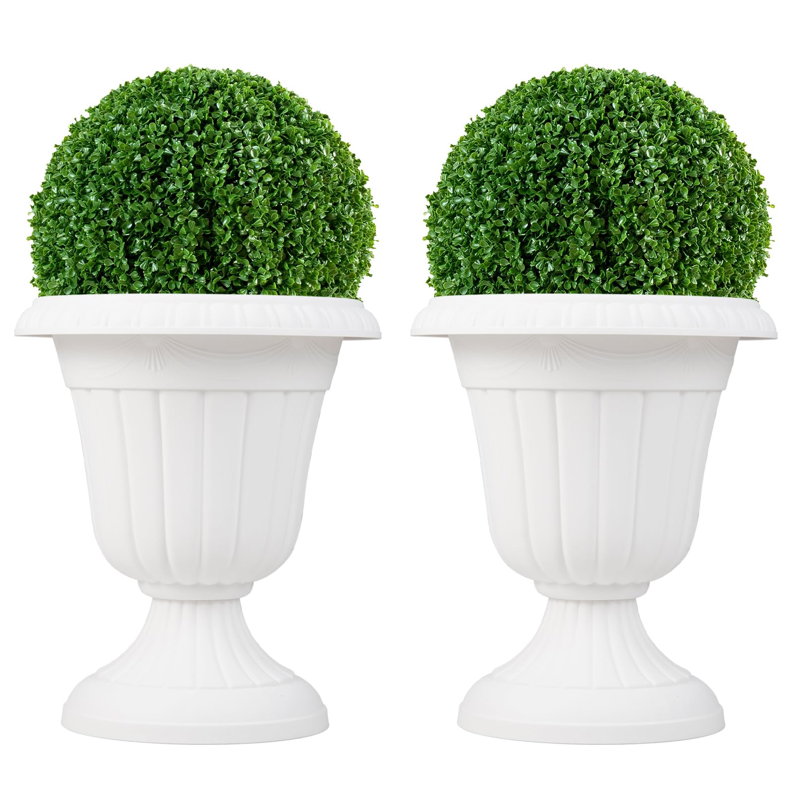 TANGZON Vintage Planters Set of 2, 46cm Tall Urn Plastic Flower Pot with Pre-marked Drainage Hole & Pedestal Base, Indoor Outdoor Decorative Plant Pot for Front Porch, Wedding Events (White)