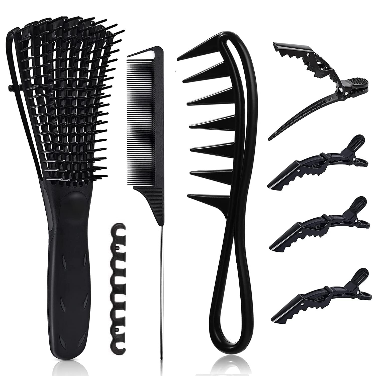 Jibaro 7pc Detangling Brush and Comb, Detangling Hair Brush Wide Tooth Comb for Curly Hair Brush with Rat Tail Comb Alligator Hair Clips (Black Detangle Brush+Tail Comb+Wide Tooth Comb+4 Clip)