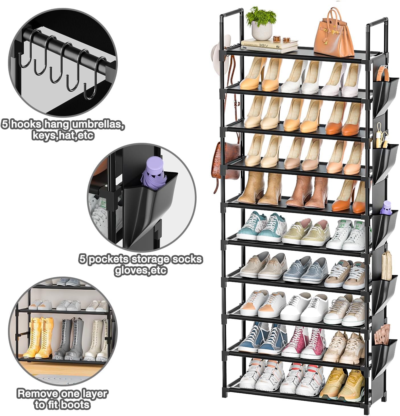 Tall Shoe Rack - 10 Tier Shoe Organizer with Metal Shelf, 5 Hooks, Pocket & Sturdy Stand for Closet Shoes