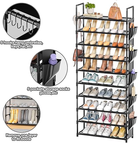 Miniatura 5 de Zapatero Alto de 10 Niveles Organizador de Zapatos de 10 Niveles para Armario, Estante de Zapatos de Metal con Almacenamiento, Torre de Zapatero