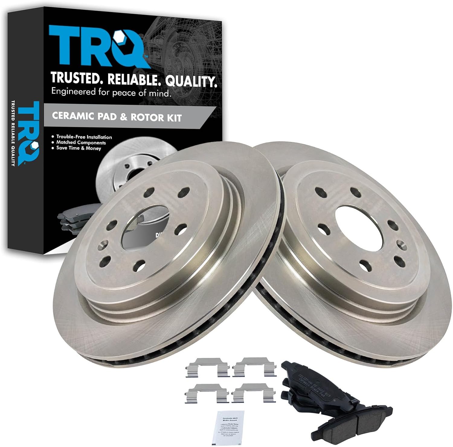 TRQ Rear Ceramic Brake Pad and Vented Rotor Kit for Cadillac SRX (2010–2016)