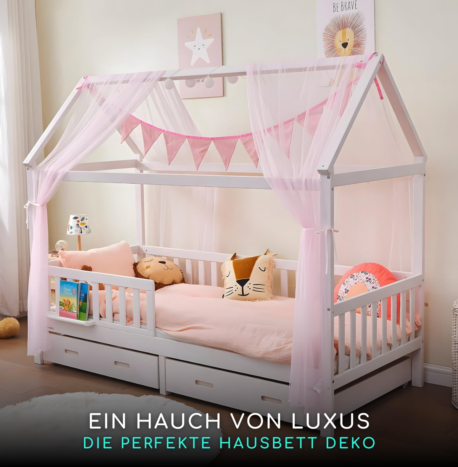 ALAVYA HOME® Set de decoración para cama de casa de 4 piezas con 2 cielos de cama I 1 cadena de banderas de 300 cm de largo para habitación infantil I Cadena de banderas 100% algodón orgánico I 150 x
