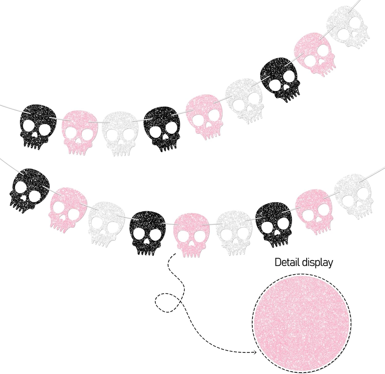 2PC Black/Silver/Pink Skull Garland for Halloween Party Decorations Glitter Skull Banner for Girl/Women Gothic Birthday Decorations Supplies - Image 5