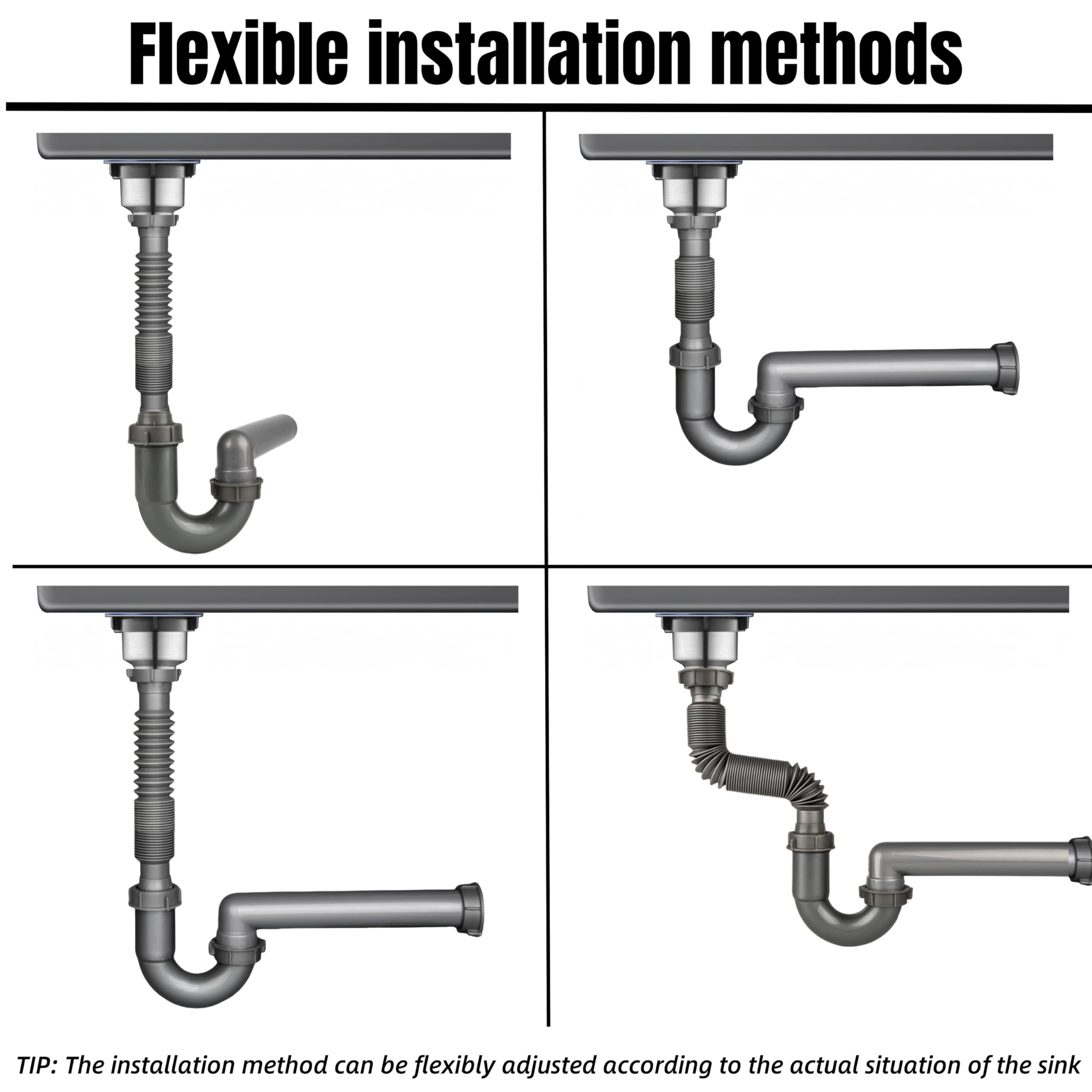 Trampa P expandible y flexible, kit de tubo de drenaje de fregadero de 1-1/2 pulgadas, con adaptador de 1-1/4 pulgadas, drenaje de pared, para fregadero de cocina