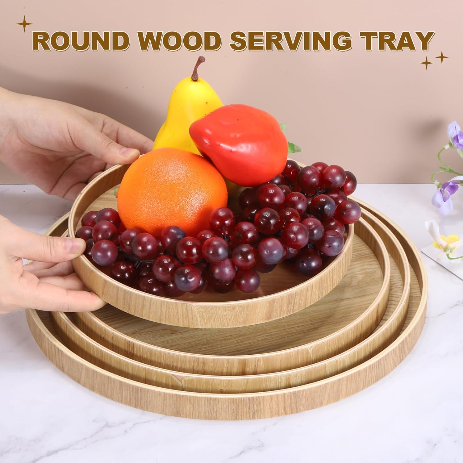MECCANIXITY Round Wood Serving Tray, 10.63" Non-Slip Solid Wooden Decorative Tea Tray Snack Food Meals Plate for Kitchen Coffee Dining Table Living Room Decor, Wood Color