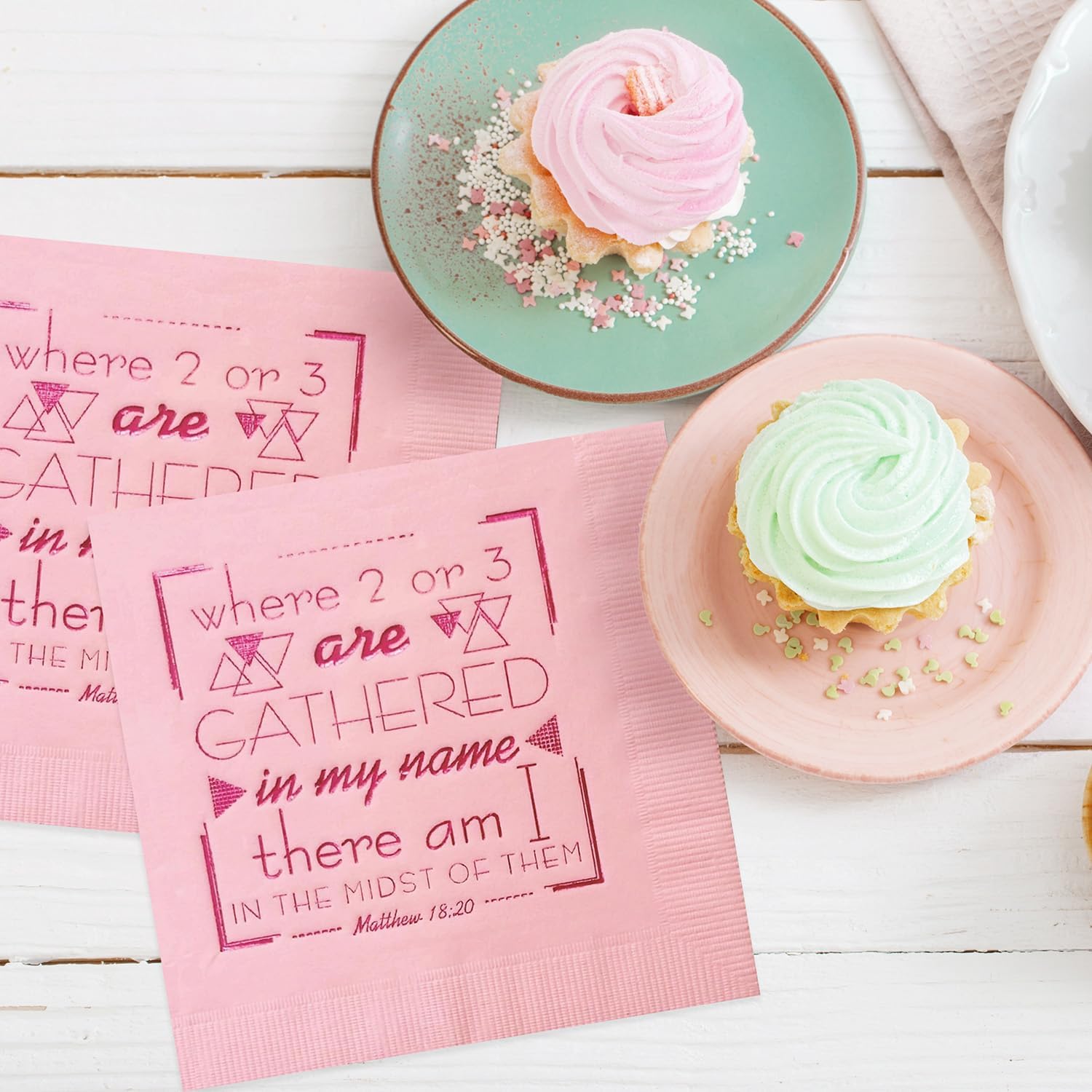 Pink Scripture Napkins With Pink Foil Decorative Typography / 5" x 5" Bible Verse Matthew 18:20/48 Religious 3 Ply Luncheon Napkins/Christian Baptism And Confirmation Dinner Napkins