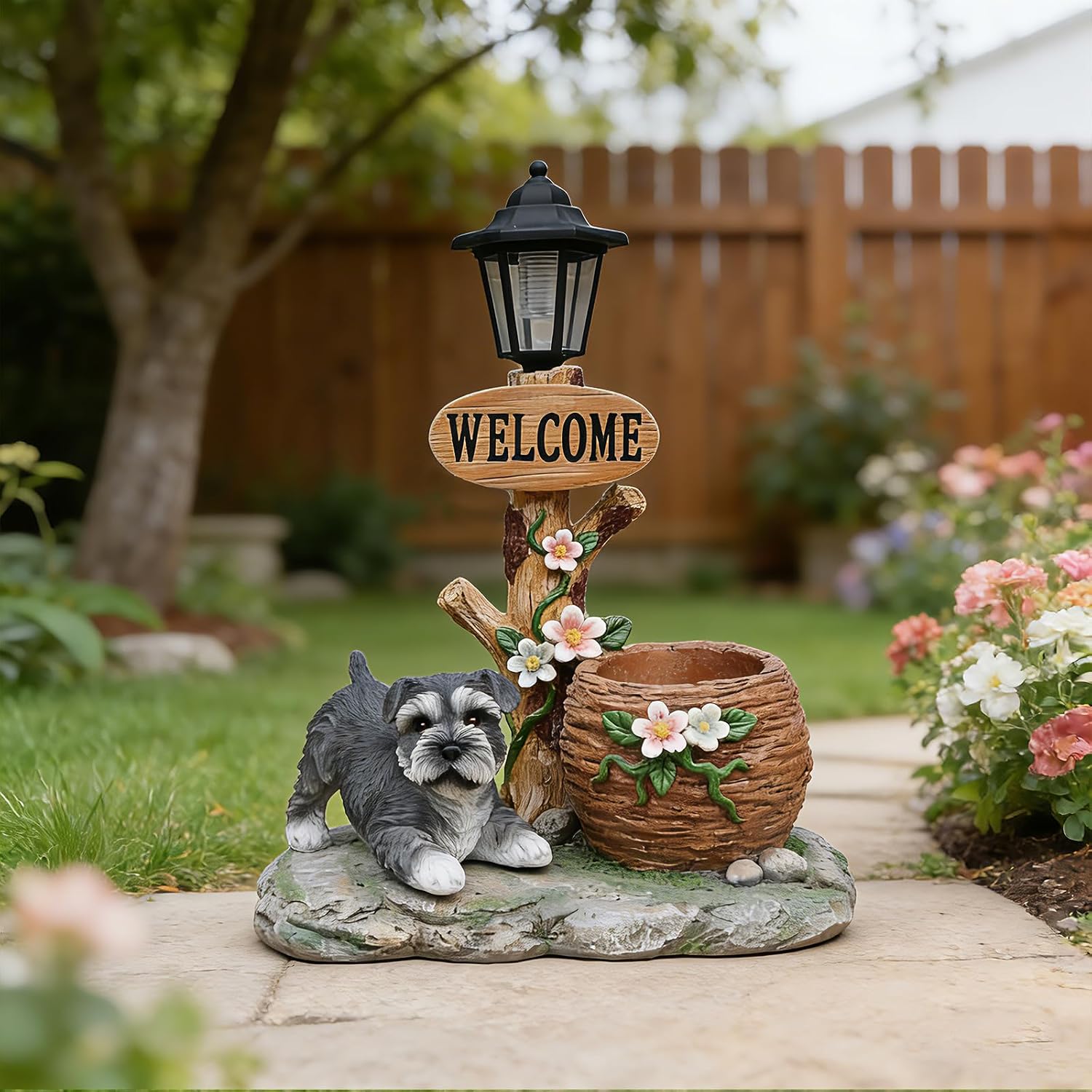 20" Solar Schnauzer Garden Statue with Welcome Sign & Planter - Large Dog Sculpture with LED Street Lantern - Weatherproof Resin Decorative Flower Pot for Porch, Yard & Patio - Pet Lover Gift