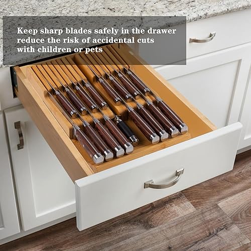 Miniatura 2 de Organizador de cajones de cuchillos de bambú con 17 ranuras, bloque de cuchillos sin cuchillos para cajón de cocina, sostiene 16 cuchillos y 1 acero