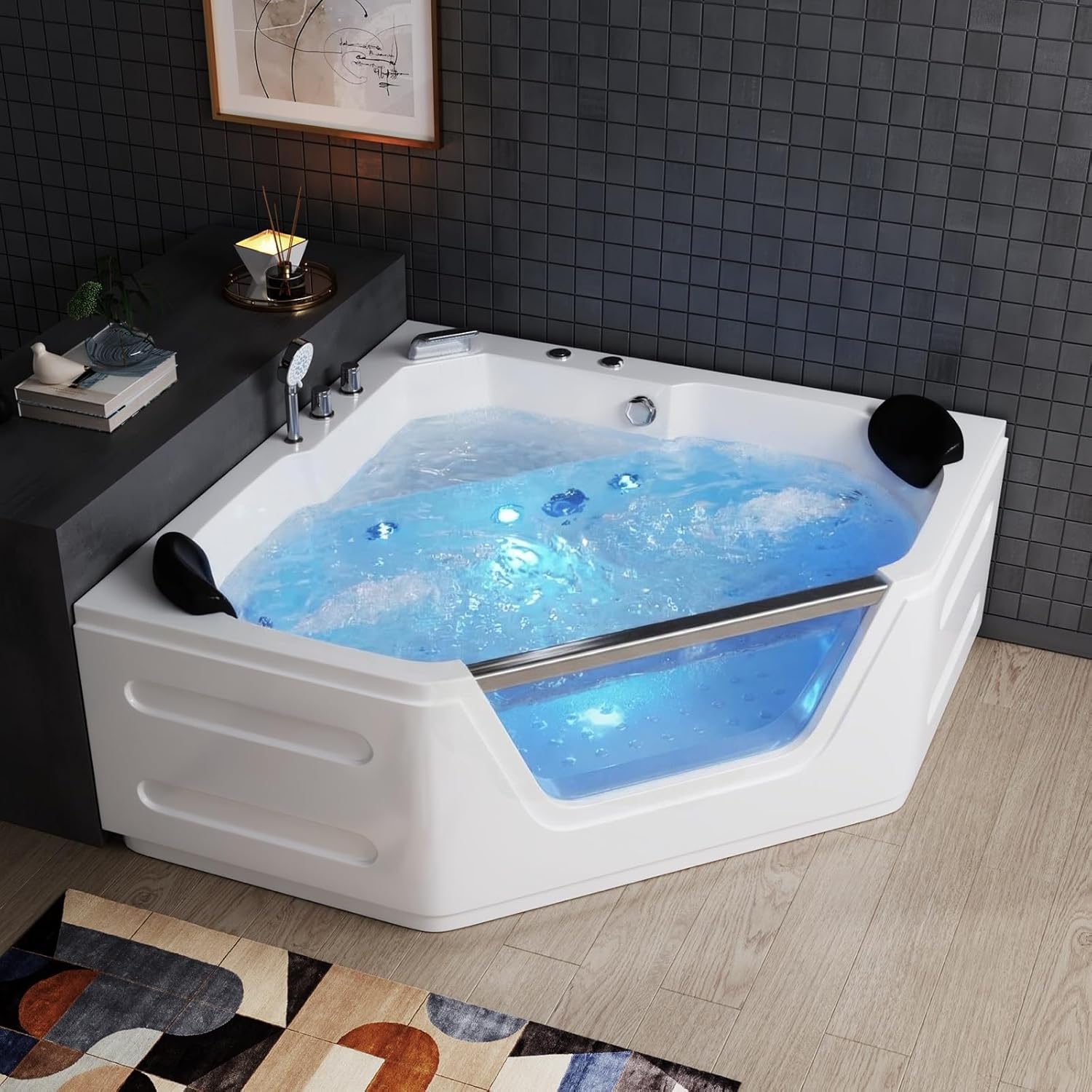 LUTHBAXE 59-Inch Corner Jetted Bathtub with Chromatherapy and 6 Jets: Luxurious Acrylic Spa Tub for Couples