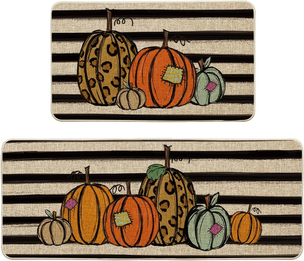 Watercolor Pumpkin Autumnal Kitchen Mat Set – Seasonal Fall Decor