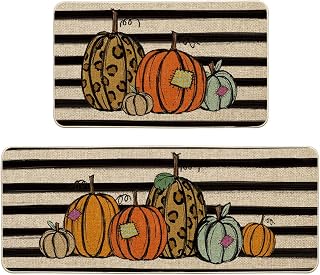 Artoid Mode Watercolor Stripes Pumpkin Decorative Kitchen Mats Set of 2, Home Seasonal Fall Holiday Party Autumn Harvest Thanksgiving Vintage Low-Profile Floor Mat - 17x29 and 17x47 Inch