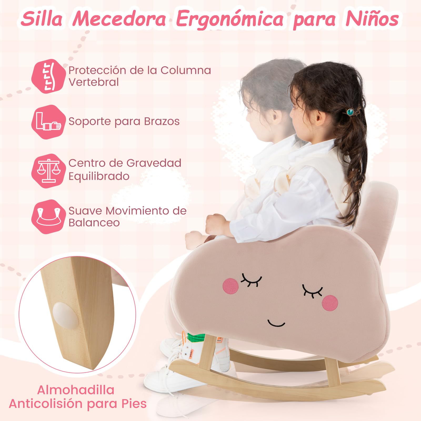 COSTWAY Silla Mecedora para Niños, Sillón Infantil Tapizado con Patas de Madera Maciza y Almohadillas Antideslizantes, Mecedora para Niños en Guardería, Sala de Juegos, Dormitorio (Rosa Ligero)