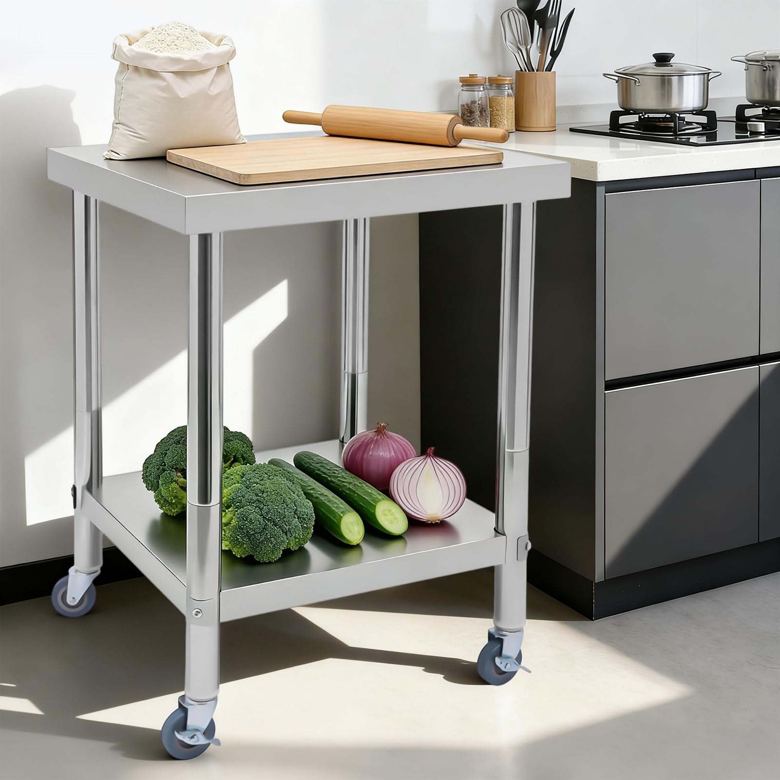 Tavolo da lavoro in acciaio inox, tavolo da lavoro cucina, preparazione in acciaio inox a 2 livelli, stoccaggio a 2 livelli, dotato di 4 ruote di cui 2 con freno, carico 300 kg, cucina ristorante
