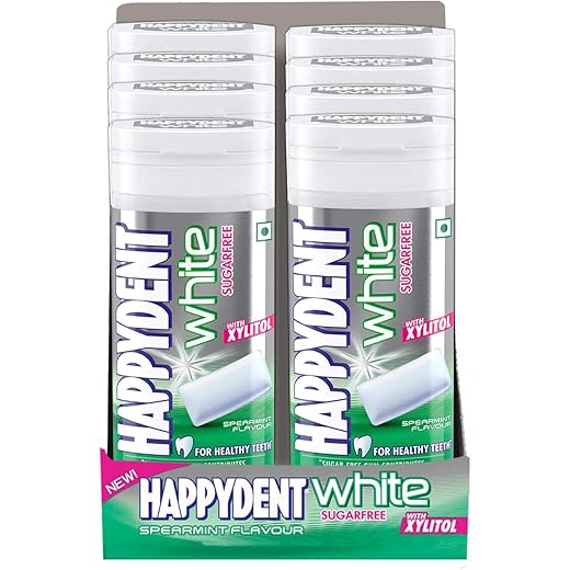 Happydent White, Xylitol Sugarfree Spearmint Flavour,Chewing Gum Bottle Pack,of 18 297 G NET Weight 16.5 G Each